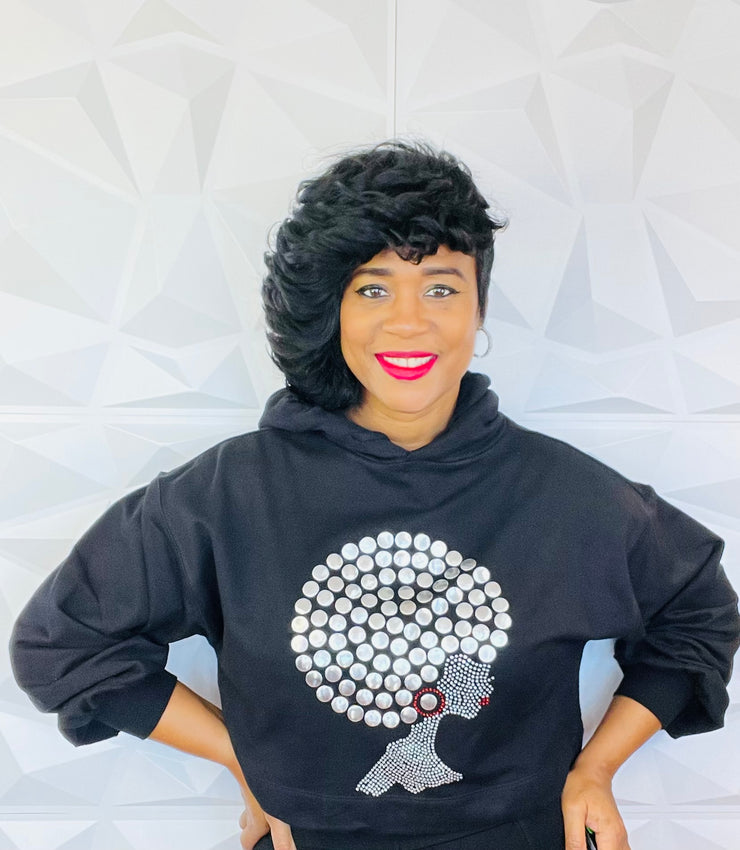 Black Afro hoodie with silver studs and rhinestone detail.