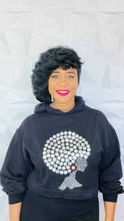 Black Afro hoodie with silver studs and rhinestone detail.