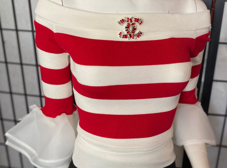 Red and white striped knit blouse